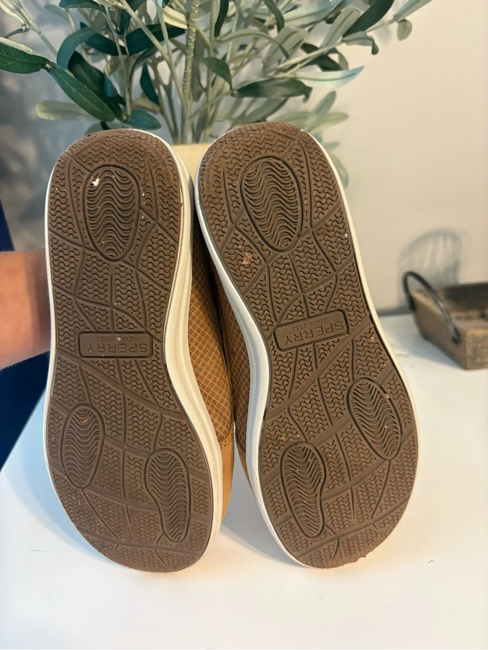 Kids Tan Sperry Boat Shoes with Contrast Laces